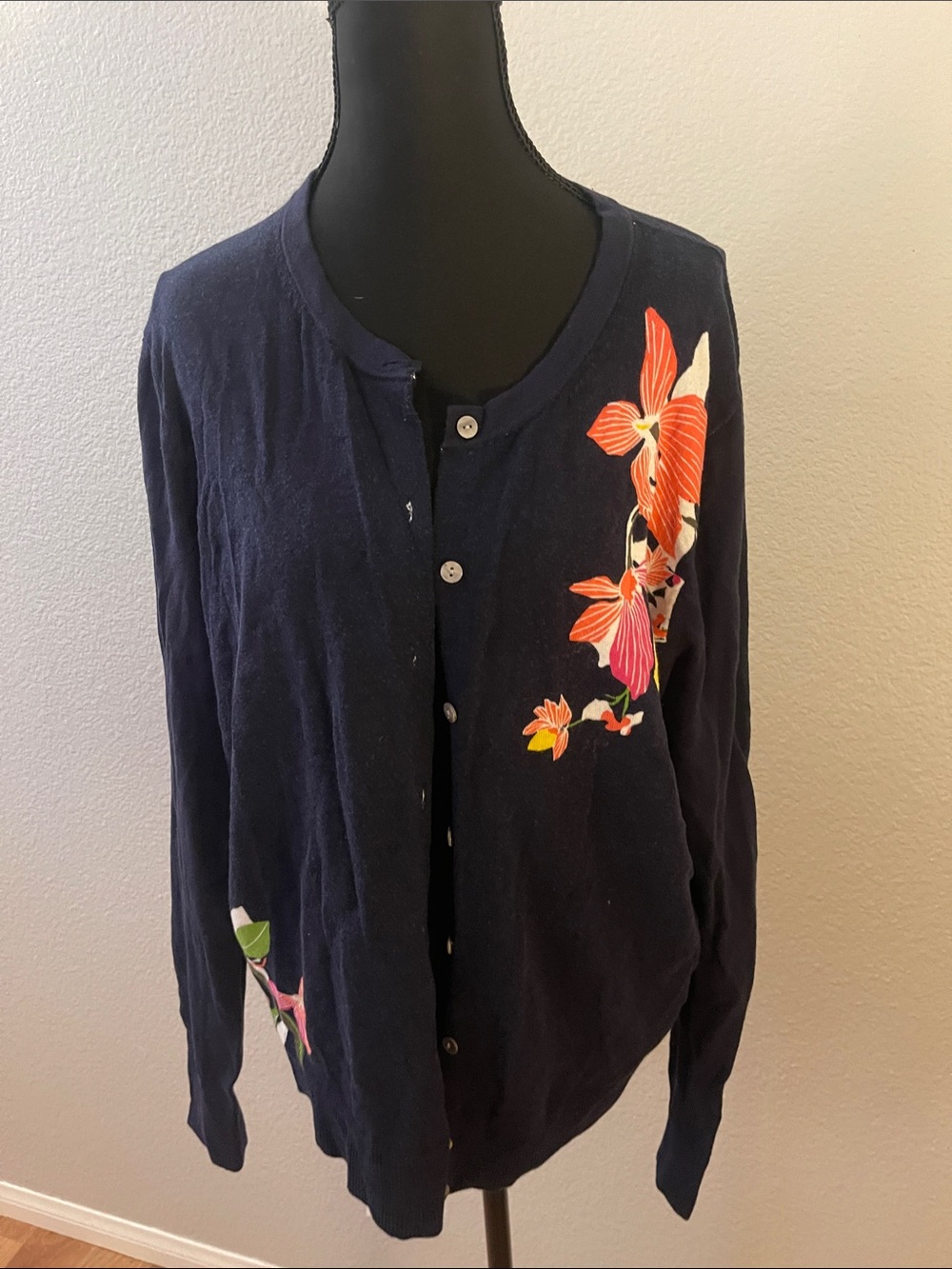 a new day Navy Cardigan with Orange and Pink Floral Embroidery
